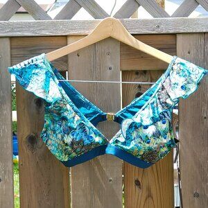 SEXY AQUA BLU Austrailia Peacock Ruffle Swim Top Women's Size 8 BNWT